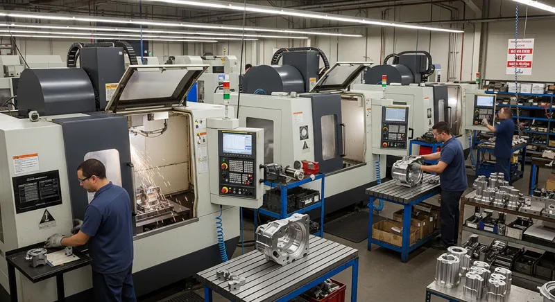 CNC manufacturing facility with operators working at machining centers